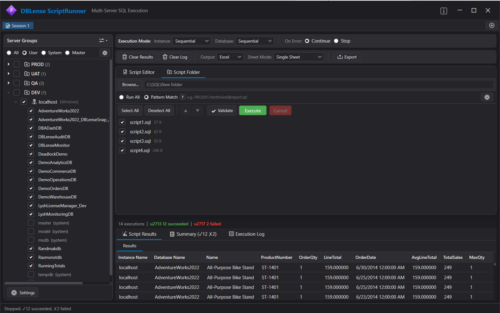 DBLense Script Runner &rarr; Script Folder tab showing file list with routing indicators