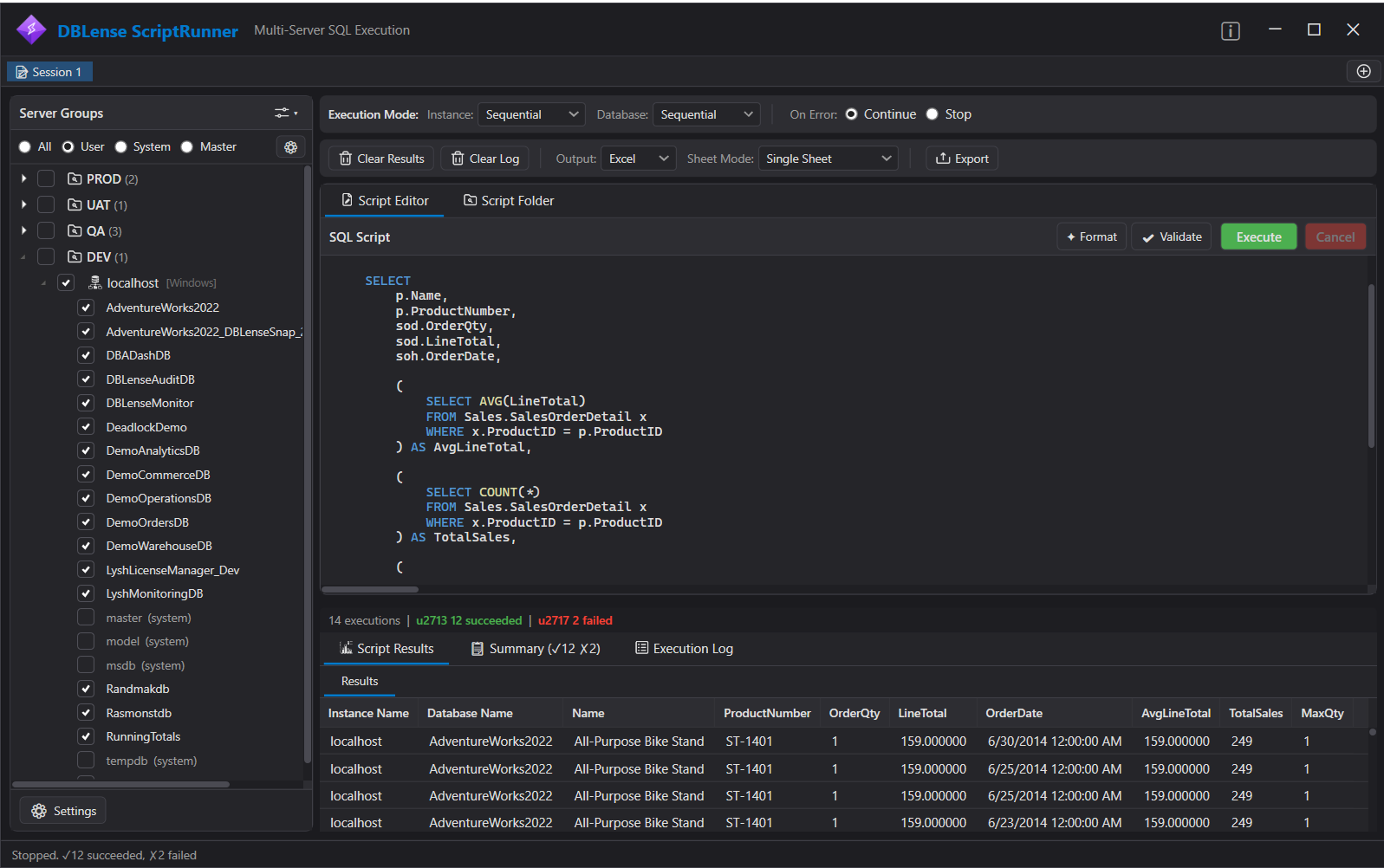 DBLense Script Runner &rarr; main interface showing server groups, script editor, execution options, and results